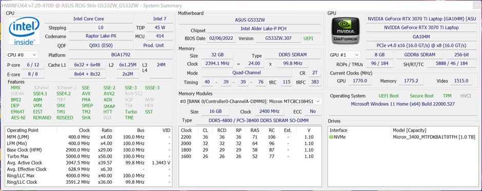 Asus ROG Strix SCAR 15 (G533ZW) – HWiNFO64 – podstawowa specyfikacja laptopa