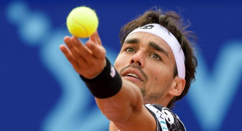 Italy's Fabio Fognini serves a ball to Germany's Yannick Hanfmann during their final game at the Swiss Open ATP 250 tennis tournament on July 30, 2017 in Gstaad