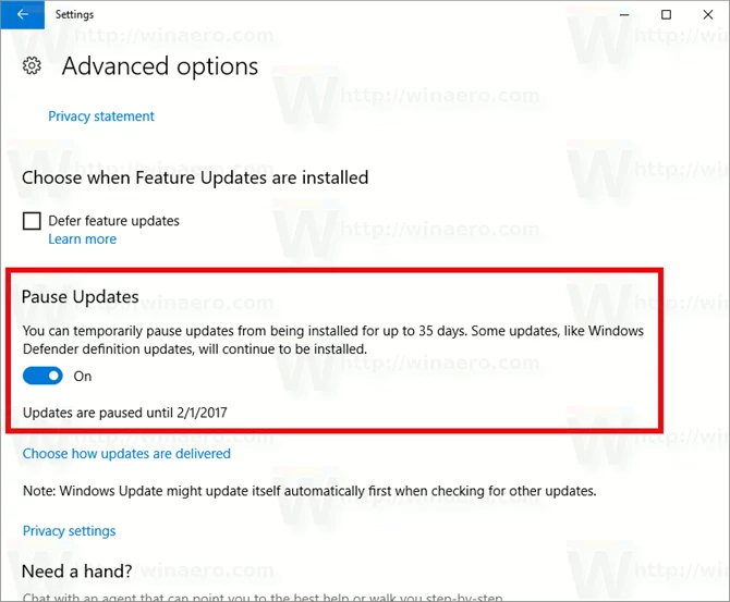 Pauzowanie instalacji aktualizacji w Windows 10 build 14997