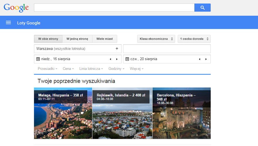 </strong>Google Flight</strong>
<br><br>
Prosta i skuteczna wyszukiwarka tanich połączeń. Serwis podpowiada konkretne daty, w celu uzyskania jak najniższych cen