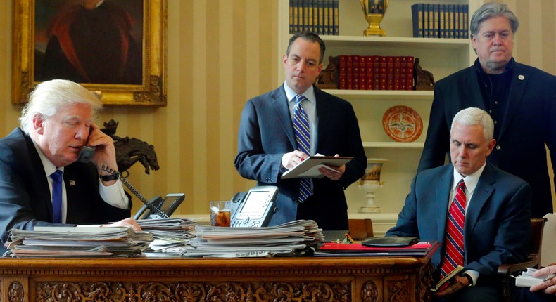 U.S. President Donald Trump (L-R), joined by Chief of Staff Reince Priebus, Vice President Mike Pence, senior advisor Steve Bannon, Communications Director Sean Spicer.