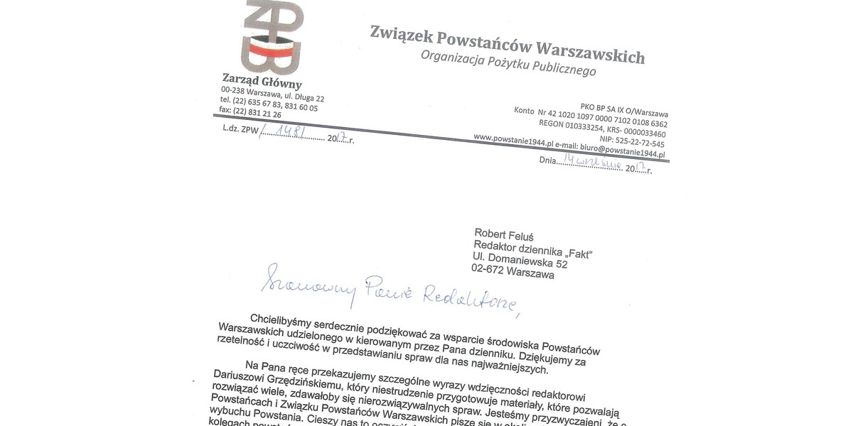 Powstańcy Warszawscy dziękują Faktowi