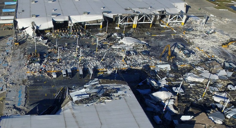 The site of partially collapsed Amazon distribution center after a tornado in Edwardsville, Illinois.