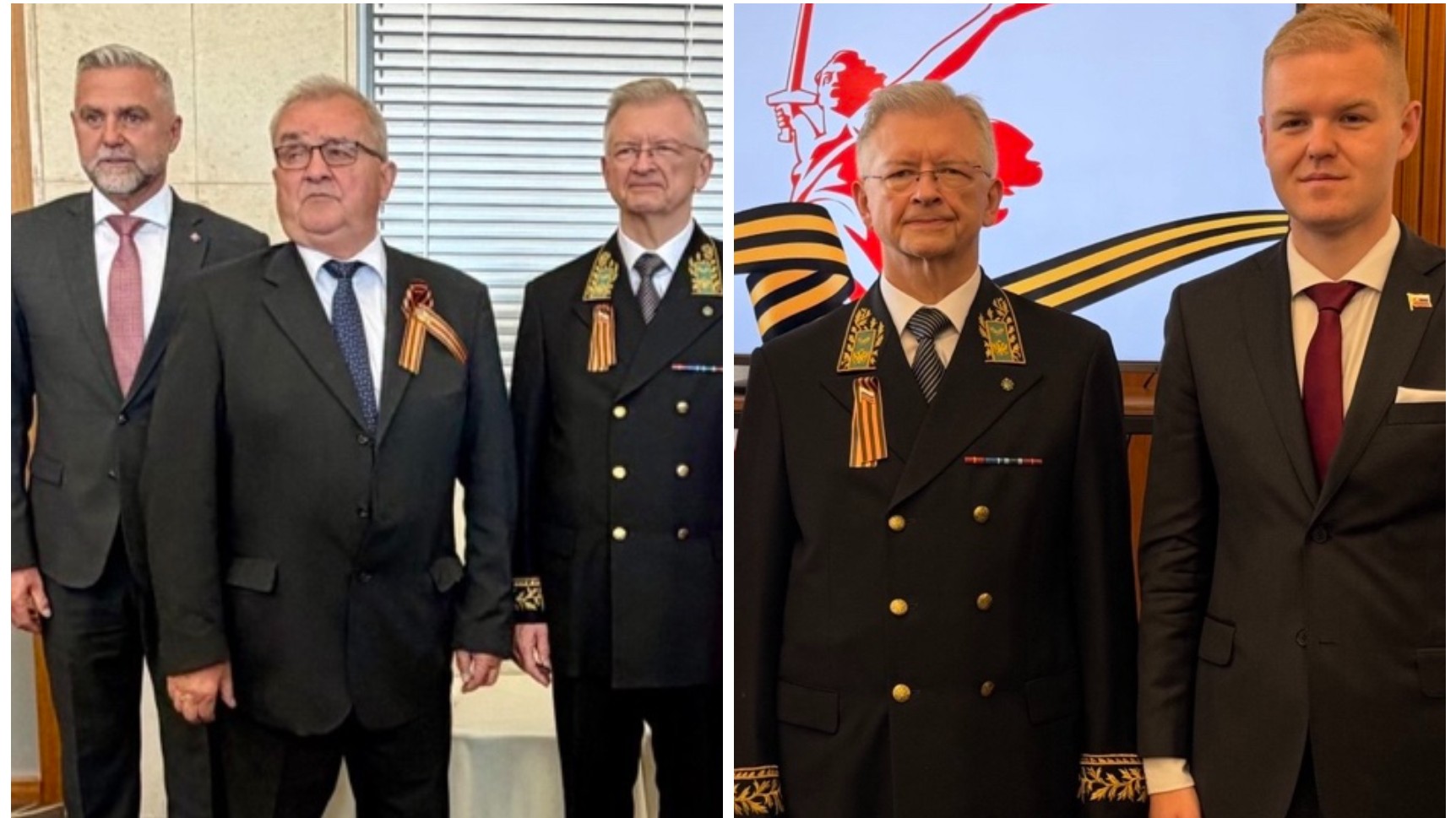 Ruský veľvyslanec na Slovensku Sergej Andrejev na recepcii 7. mája 2026 v spoločnosti poslancov Tibora Gašpara zo Smeru aj Michala Barteka z Hlasu (vpravo)