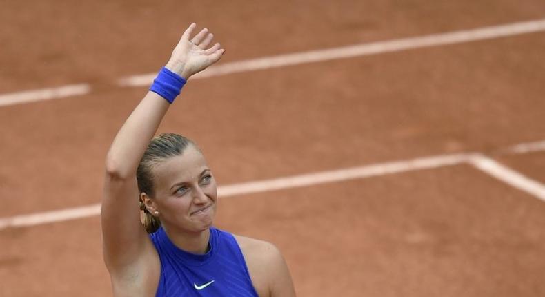 Petra Kvitova celebrates winning her first-round match against Julia Boserup at Roland Garros on May 28, 2017 in Paris