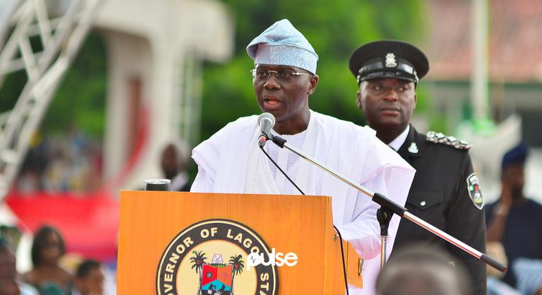 Sanwo-Olu delivering his inauguration speech at the TBS in Lagos (Pulse) 