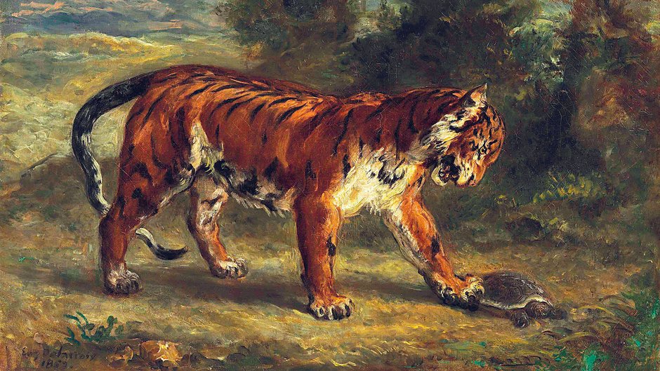 Eugène Delacroix - „Tigre jouant avec une tortue” z kolekcji Peggy i Davida Rockefellerów, sprzedany w 2018 roku za 9 875 tys. dolarów.