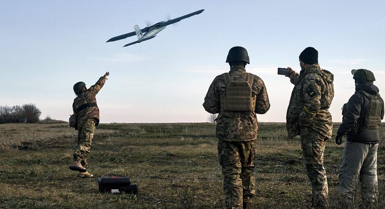 Ukrainian soldiers launch a drone at Russian positions near Bakhmut, Donetsk region, Ukraine, December 15, 2022.Associated Press