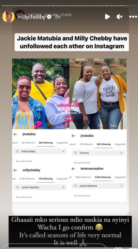 Milly Chebby's response to rumours of unfollowing Jackie Matubia