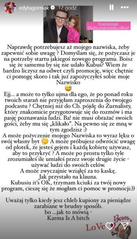 Edyta Górniak respondió a Kuba Wojewódzki