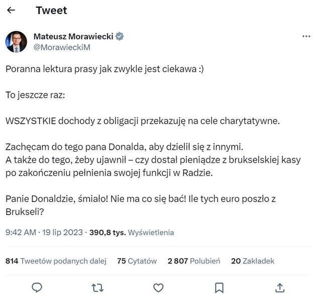 Mateusz Morawiecki zaapelował do Donalda Tuska o ujawnienie jego majątku na Twitterze. Źródło: Twitter Mateusza Morawieckiego
