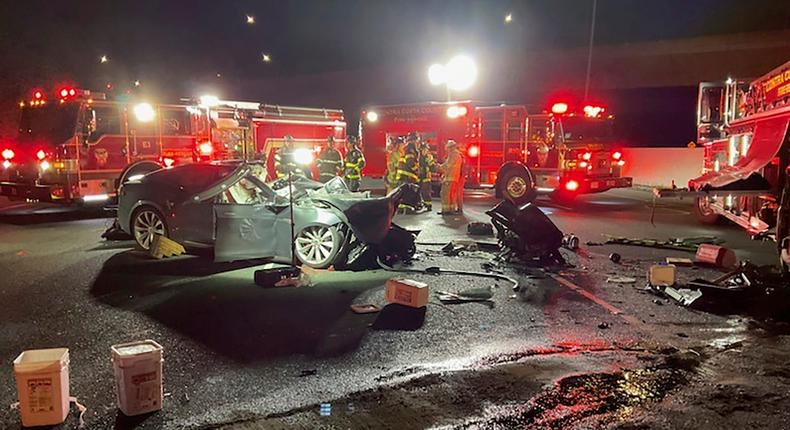 The Tesla and damaged fire truck (far right).Contra Costa County Fire Protection District via AP