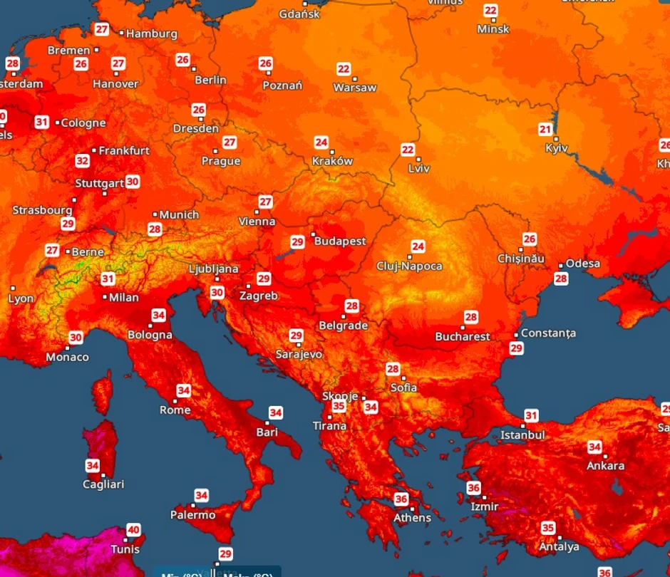 Mapa temperatura, subota 19. jul