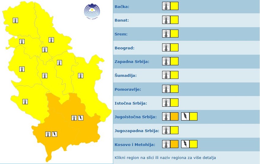 Meteoalarm za ponedeljak