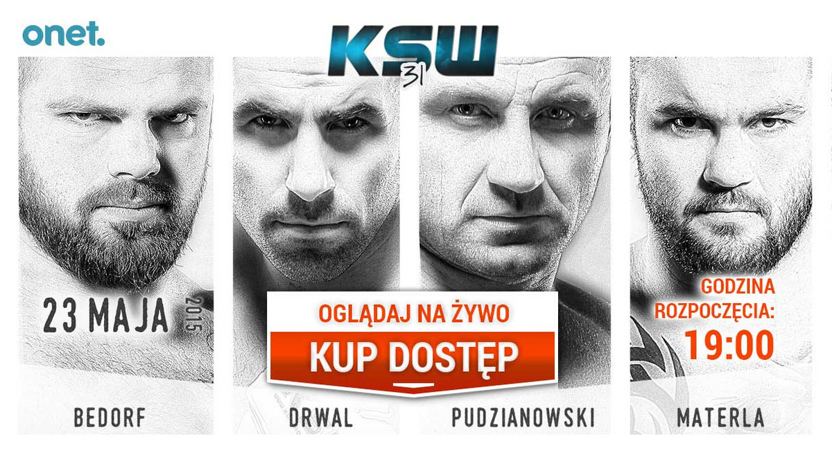 Gala KSW 31 już w sobotę w Ergo Arenie. Właśnie wtedy Tomasz Drwal zmierzy się z Michałem Materlą, a przed kolejnymi wyzwaniami w swojej karierze staną Mariusz Pudzianowski i Karol Bedorf. Transmisję na żywo z gali KSW 31 będzie można oglądać za pośrednictwem systemu pay-per-view w wielu telewizjach, ale także na KSWTV, do którego poniżej można wykupić dostęp bezpośrednio z Onetu.