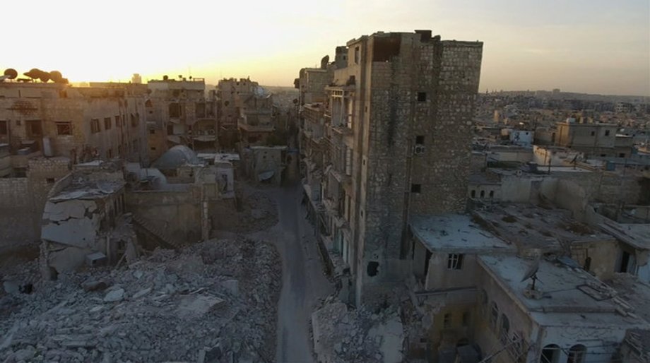 A still image from video taken October 12, 2016 of a general view of the bomb damaged Old City area of Aleppo, Syria.