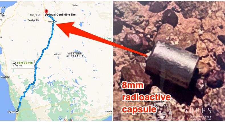 The radioactive capsule was found south of Newman, Western Australia, on February 1, 2023. Images marked up by Insider.Western Australian Department Of Fire And Emergency Services/Handout via Reuters / Google Maps / Insider