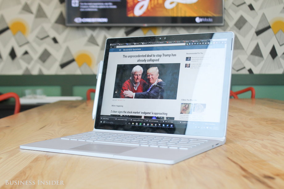 The Surface Book starts at a hefty $1,499. It rocks Microsoft Windows 10, a 13.5-inch touch-sensitive screen, a nice keyboard with solid clicky-clack action, a Surface Pen stylus, two USB ports, an SD card slot, and the best non-Apple mouse touchpad I've ever tried.