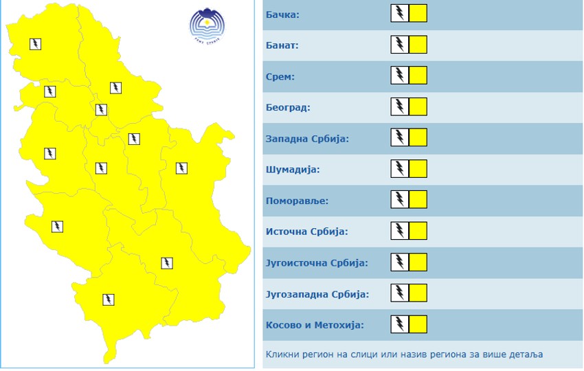Žuti meteoalarm u celoj Srbiji, u utorak, 22. aprila