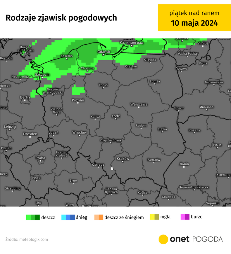 W nocy w północnej Polsce możliwe są przelotne opady deszczu