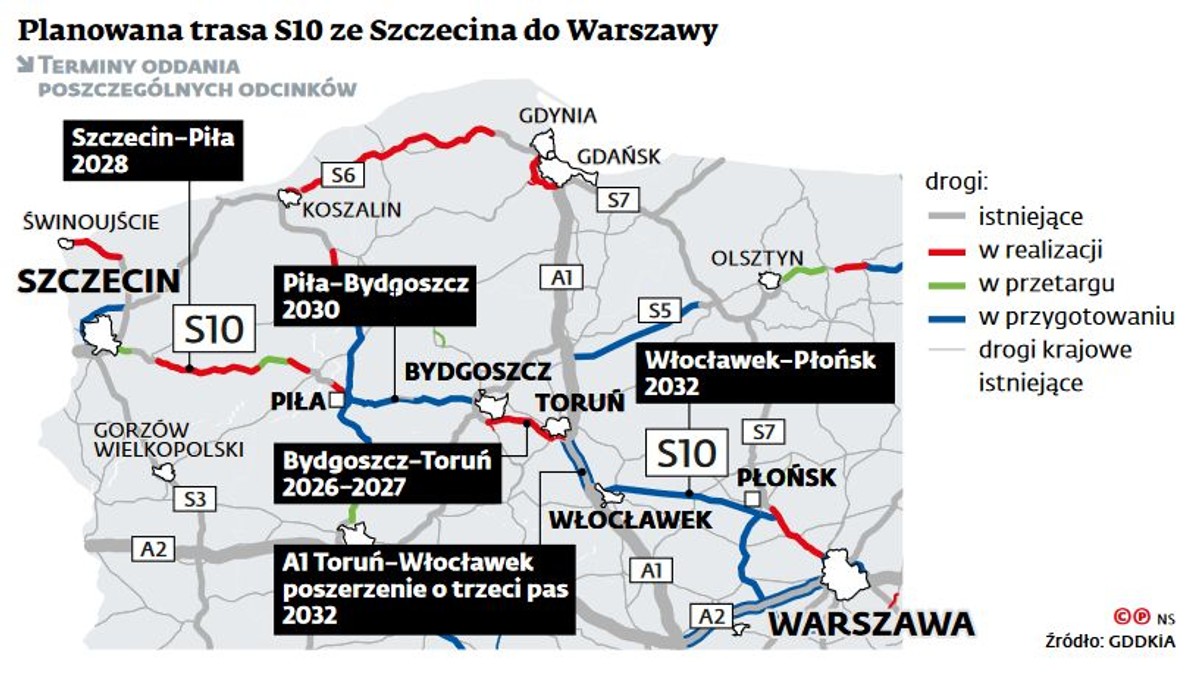 Planowana trasa S10 ze Szczecina do Warszawy