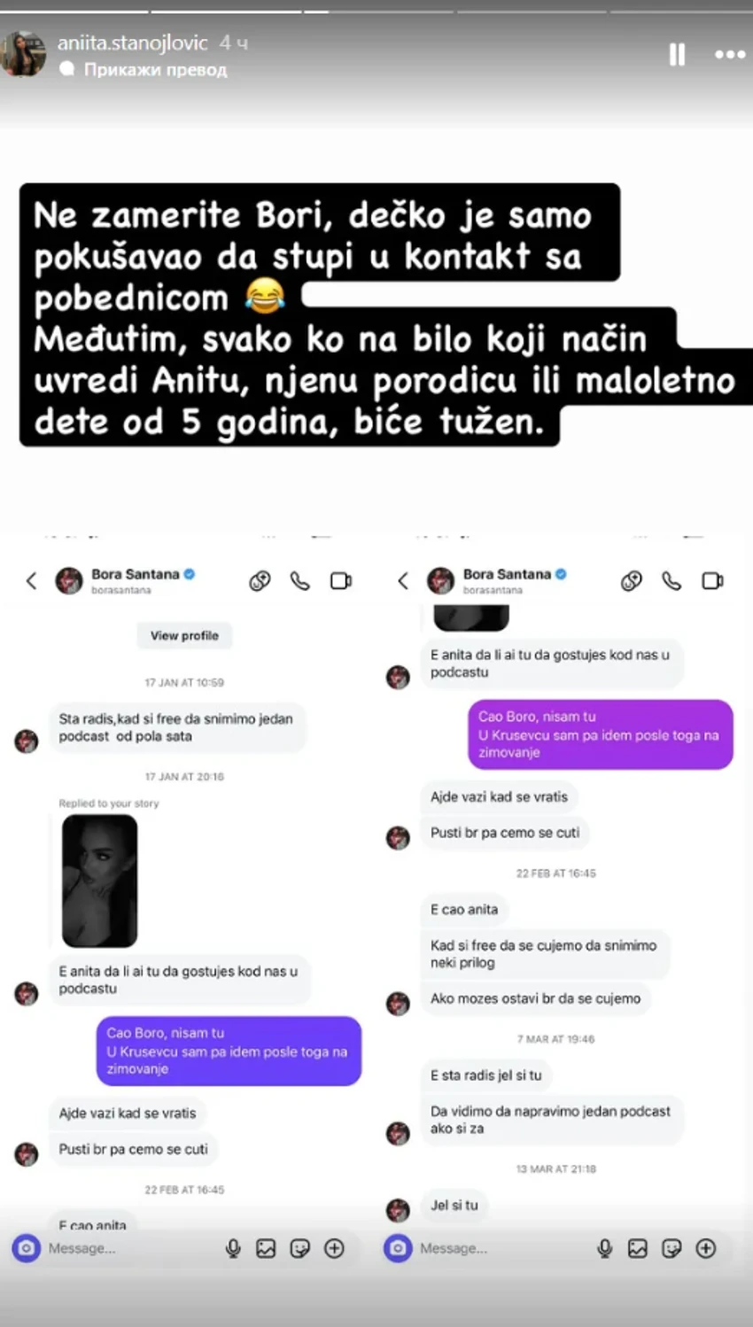 Tužba za Boru Santanu: Objavljene poruke koje je slao Aniti Stanojlović pre Elite