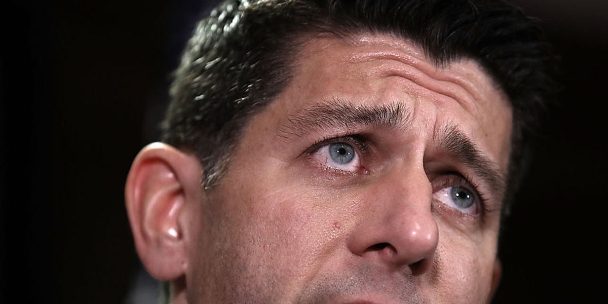 Speaker of the House Paul Ryan (R-WI) speaks with members of the House Republican leadership following their weekly policy meeting June 14, 2016 in Washington, DC.