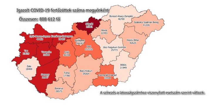 Igazolt covid-19 fertőzöttek száma megyénként /Fotó: koronavirus.gov.hu 