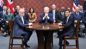 US President Joe Biden, Australian Prime Minister Anthony Albanese, and British Prime Minister Rishi Sunak meet during the AUKUS summit on March 13, 2023.Leon Neal/Getty Images