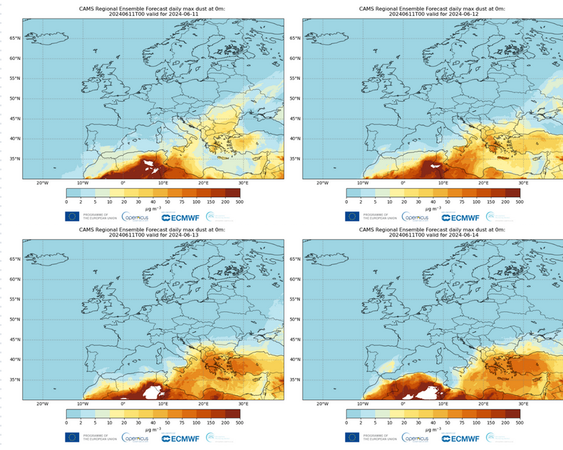 Największe stężenie pyłu obserwujemy na południowym wschodzie Europy
