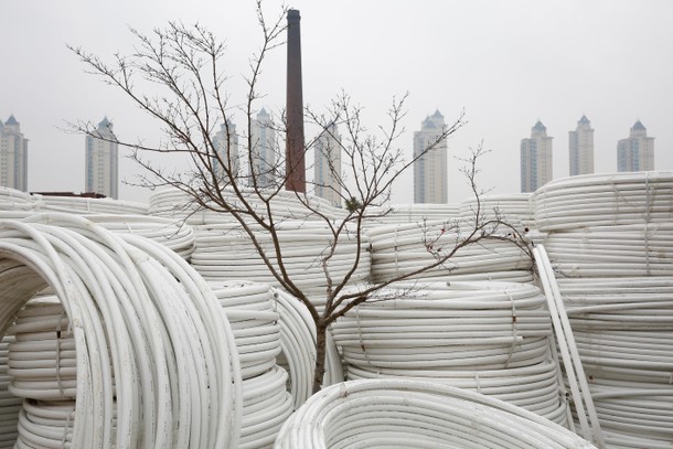 A tree is seen surrounded by plastic pipes at a factory in Jiaxing