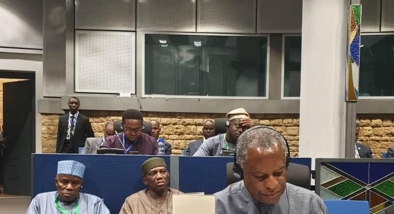 PHOTO: Dr Geoffrey Onyeoma, Minister of Foreign Affairs; Amb. Adebankole Adeoye, Nigerian Ambassador to Ethiopia at the African Union Peace And Security Council Summit on Situations in Libya and the Sahel in Addis Ababa. (NAN)