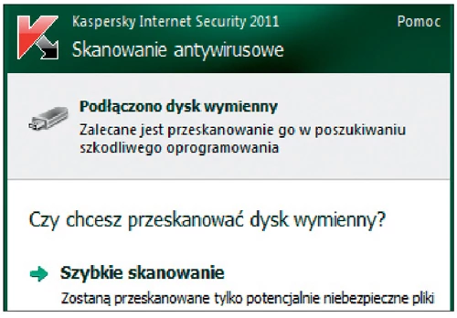 Atak z zewnątrz? Kaspersky automatycznie sprawdza nowy nośnik podłączony przez użytkownika do komputera i wyświetla okno dialogowe z pytaniem