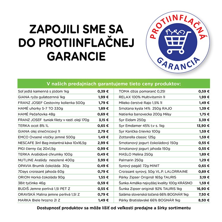 Zoznam potravín so zastropovanými cenami v Terne. 