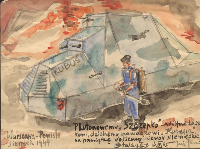 Grafika autorstwa Waleriana Bieleckiego ('inż. Jan') wykonana w niewoli. Oryginał w zbiorach Muzeum Wojska w Białymstoku