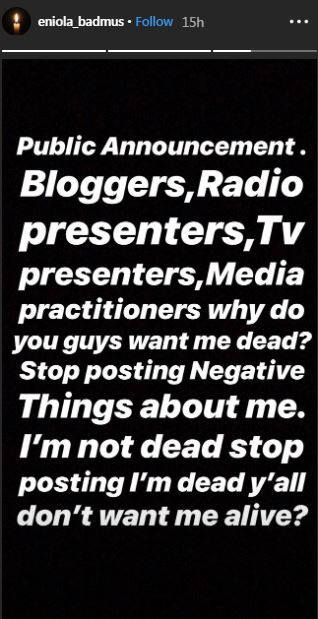 She went on to appeal to bloggers and media personalities to stop writing negative things about her [Instagram/EniolaBadmus] 