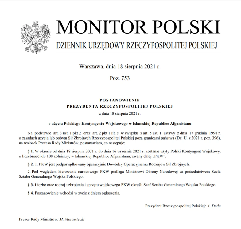 Prezydent podpisał postanowienie o wysłaniu wojska do Afganistanu