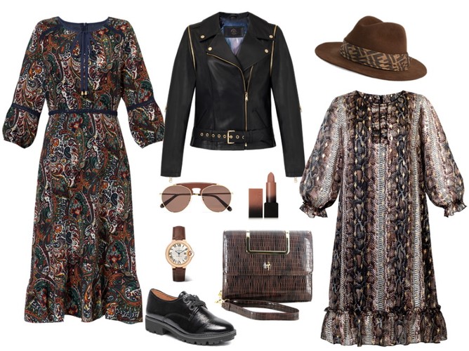 Jesienne STYLIZACJE w brązach: sukienki - Midori Feminine Fashion/midori.pl, kurtka - Fratelli/ www.fratelli.com.pl, torebka - Menbur/menbur.pl, buty - Caprice/caprice.pl, pozostałe dodatki - TK MAXX