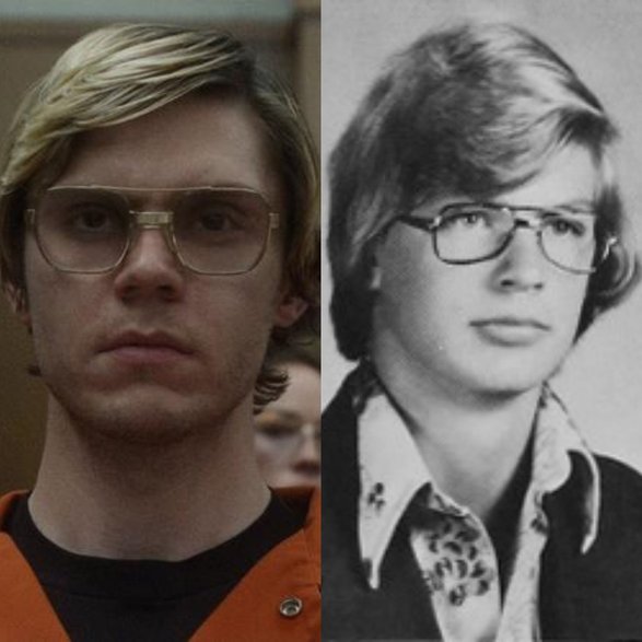 Jeffrey Dahmer - postać odtworzona przez Evana Petersa w serialu Netflixa vs. prawdziwe zdjęcie Dahmera (fot. Netflix, prawa zastrzeżone)