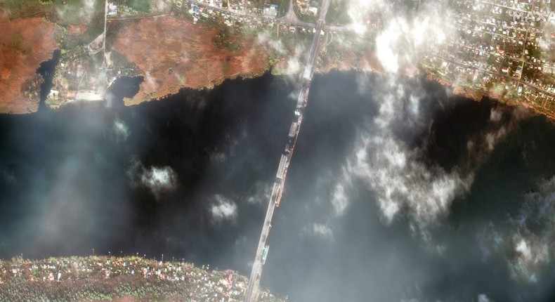 Satellite imagery shows damage to the Antonivksy Bridge in Kherson, Ukraine, on November 11, 2022.Maxar Technologies