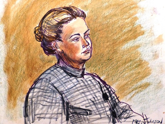 Barbara Piasecka-Johnson w trakcie procesu o podział majątku J. Sewarda Johnsona, 1986. / rys. Elizabeth Williams