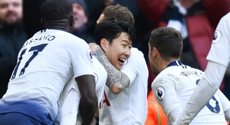 Tottenham forward Son Heung-min (centre) celebrates scoring against Newcastle at Wembley