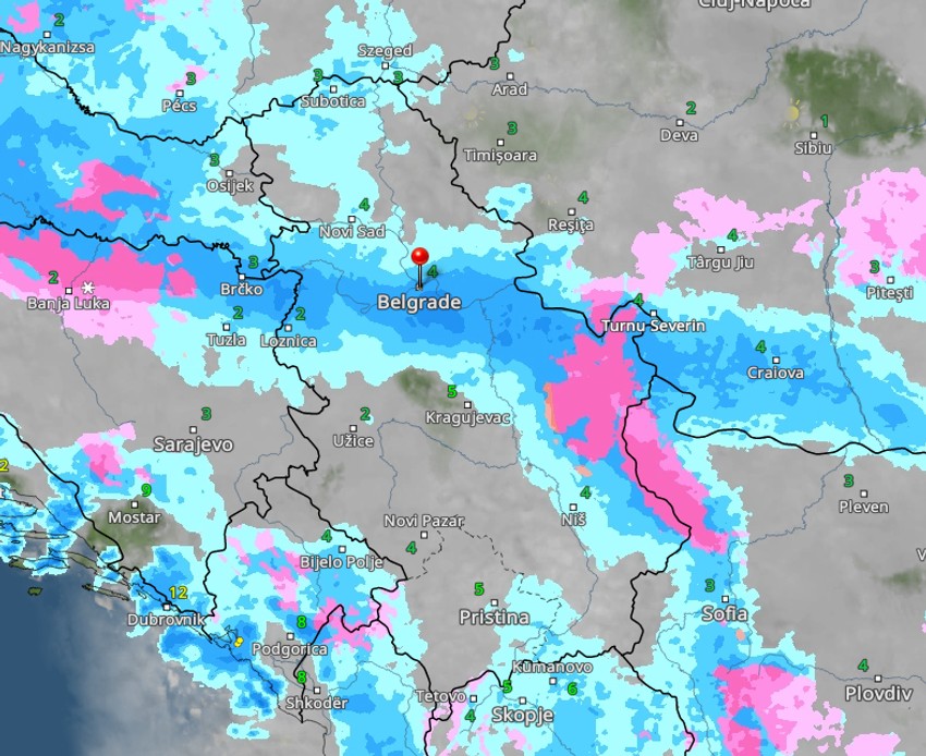 Kretanje kiše i snega sutra u 9 časova