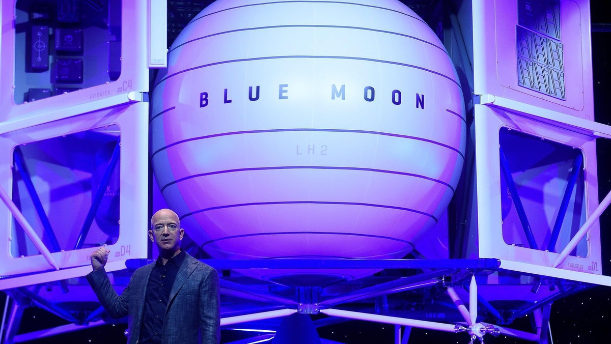 Founder, Chairman, CEO and President of Amazon Jeff Bezos unveils his space company Blue Origin's space exploration lunar lander rocket called Blue Moon during an unveiling event in Washington