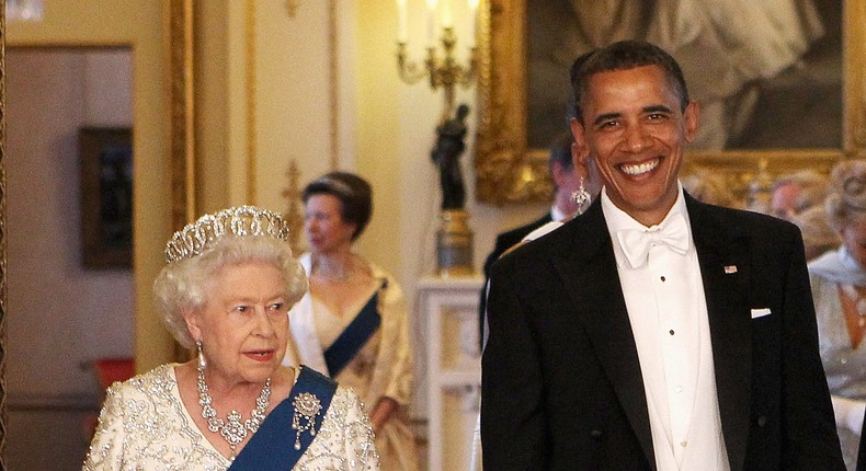 Queen Elizabeth II and then-President Barack Obama in the Music Room of Buckingham Palace ahead of a 2011 state banquet.