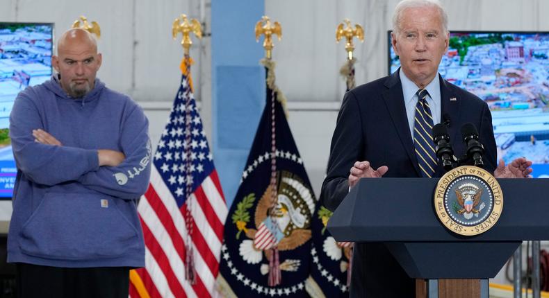 President Joe Biden, right, and Pennsylvania Sen. John Fetterman during an event in Philadelphia.AP Photo/Manuel Balce Ceneta