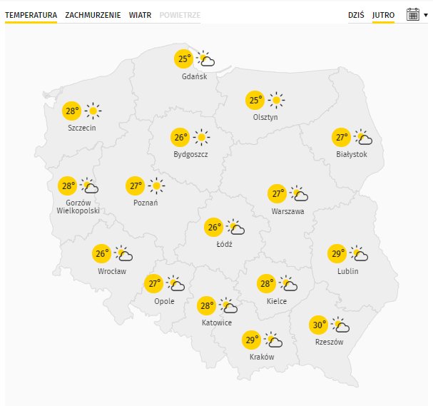 Temperatura w Polsce (6 sierpnia)