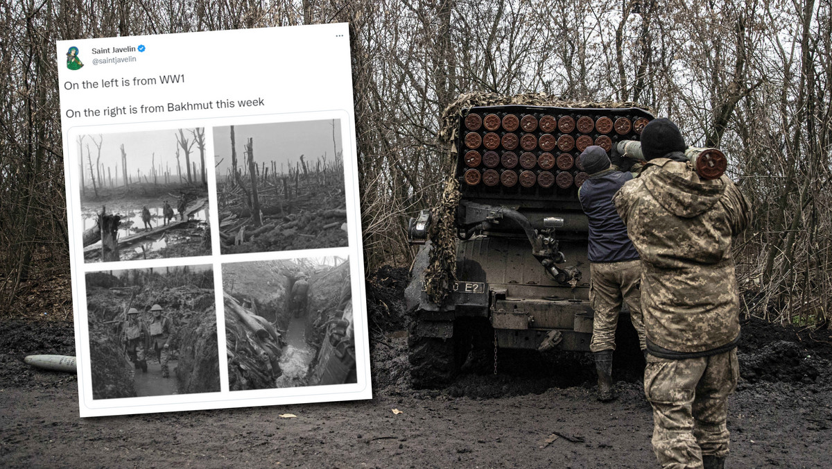 Sugestywne zestawienie zdjęć. Ukraiński front jak z I wojny światowej