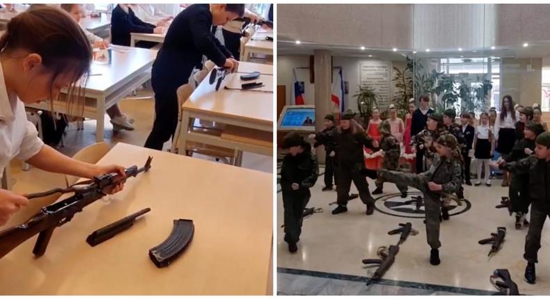 A split image showing a child in Crimea training with a rifle (left) and a group of children completing hand-to-hand combat training.RIA Novosti Crimea