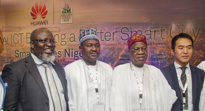 From left to right: Minister of Communication Barrister Adebayo Shittu, Senator Isah Hamma Musa, Minister of Information and Culture Lai Mohammed and the Managing Director of Huawei Technologies Nigeria Limited Mr. Tank Li during the Smart Cities Summit Nigeria in Abuja yesterday.